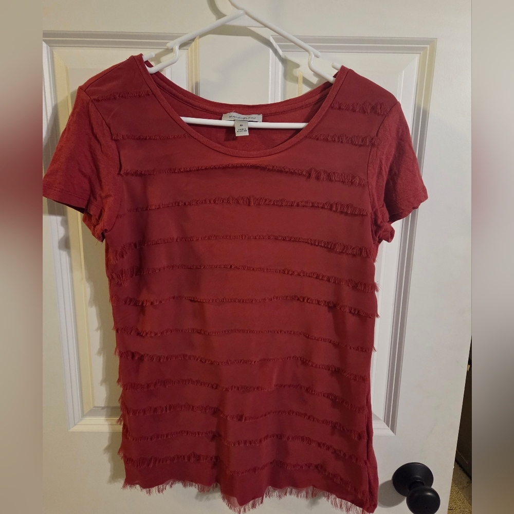 Bandolino Women's Short Sleeve Fringed Tee - Deep Red